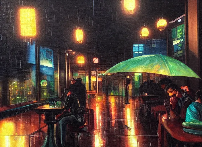 Image similar to melancholy rainy night in a cyberpunk cafe, oil on canvas