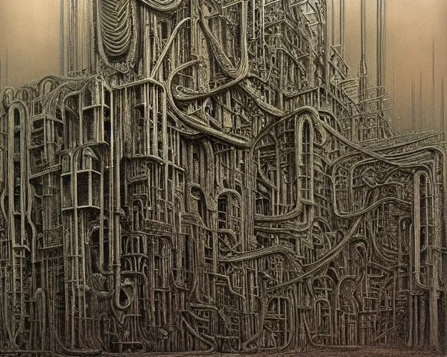 Image similar to evil factory of dreams, a highly detailed intricate painting by H.R. Giger and Zdzisław Beksiński