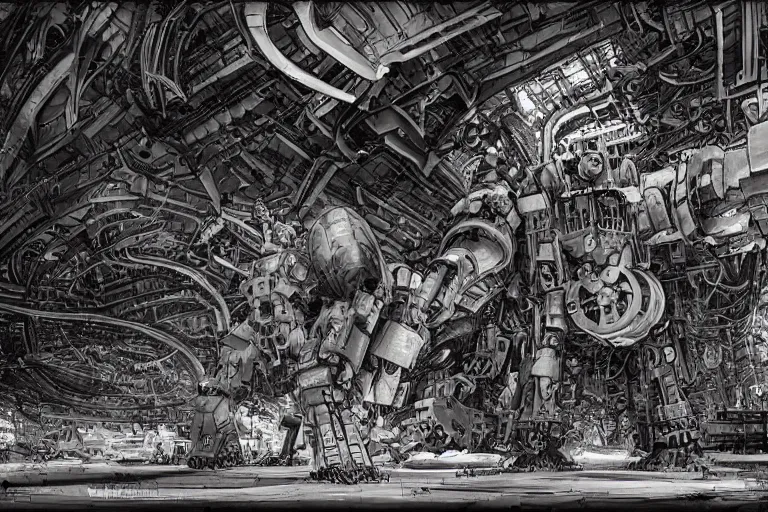 Prompt: dieselpunk mechs that look like Dragonfly, inside an gigantic underground concrete doom hangar, interior structure, drains, storm drains, jungle, vines, algea, cables, panels, walls, ceiling, floor, doors, brutalist architecture, intricate ink drawing, highly detailed in the style of Ashley Wood, moebius and Tsutomu Nihei, photorealistic, cinematic, intricate detail, well lit,