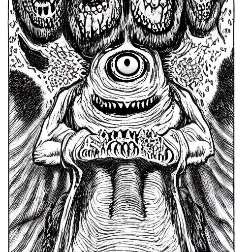 Prompt: a horrifying corgi demon with many eyes and many teeth, manga panel drawn by junji ito, kentaro miura, horror, dark fantasy, lovecraftian, intricate