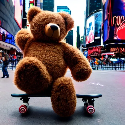 Prompt: a photo of a teddy bear on a skateboard in times square