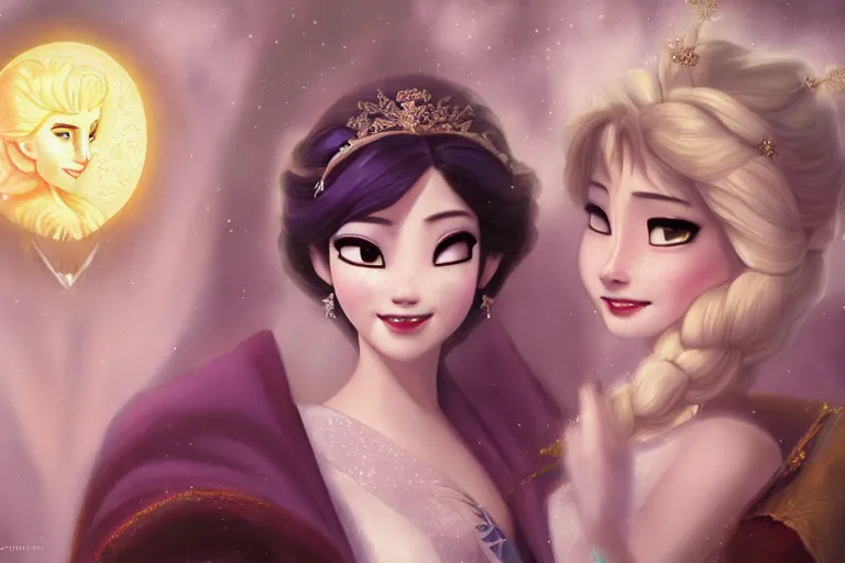 Image similar to a cinematic portrait of wedding photograph jpeg close up moment of a divine a japan sun god and moon goddess lovers magician at a wedding banquet. portraiture. digital painting. artstation. concept art. wedding photo. illustration. frozen ii art masterpiece by art by krenz cushart