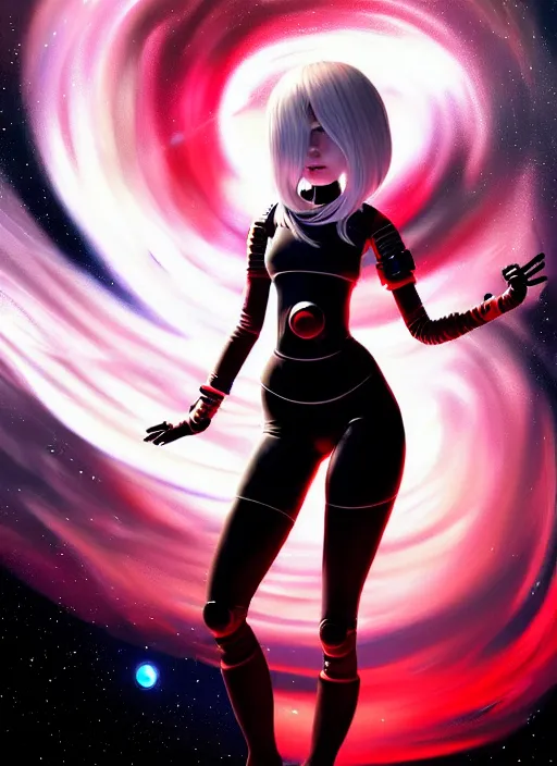 Prompt: highly detailed portrait of a hopeful pretty astronaut lady with a wavy blonde hair, by Jeff Simpson , 4k resolution, nier:automata inspired, bravely default inspired, vibrant but dreary but upflifting red, black and white color scheme!!! ((Space nebula background))