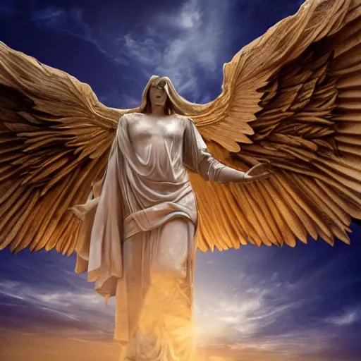 Image similar to gigantic biblical depiction of an angel towering over a vast landscape, cinematic, realistic, geometric white marble body, photorealistic, golden sky color, global illumination, volumetric lighting, god rays, beautiful composition, majestic clouds, soft colors, heavenly lighting