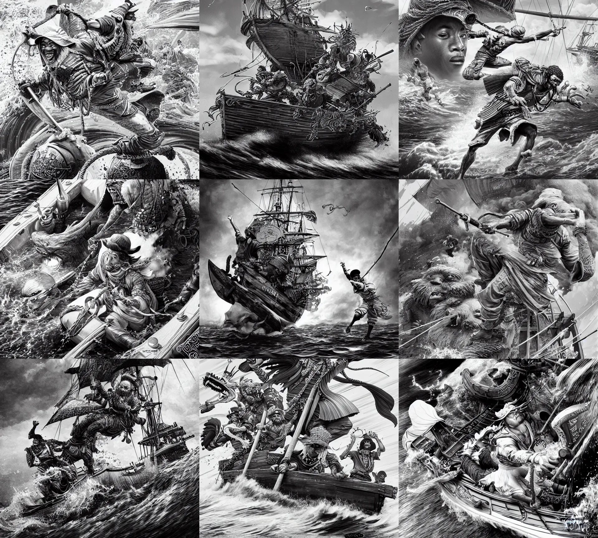 Prompt: highly detailed ink illustration of the oro jackson setting sail, octane render, fast shutter speed, high speed, unreal engine, octane render, action photo, 1 / 1 0 0 0 sec shutter, b & w clean shaped illustration by kim jung gi, ric estrada, ron english and eiichiro oda