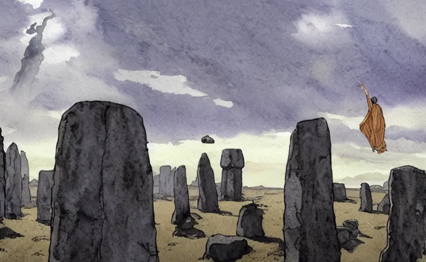 Image similar to a hyperrealist watercolor fantasy concept art of giant monk with a long forehead in grey robes sitting in stonehenge. several large stones are floating in the air. in the background a large ufo is in the sky. by rebecca guay, michael kaluta, charles vess