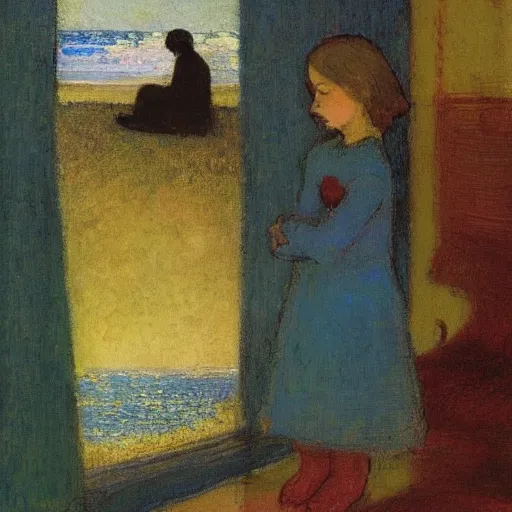 Prompt: a woman and her chiweenie looking out to sea by odilon redon