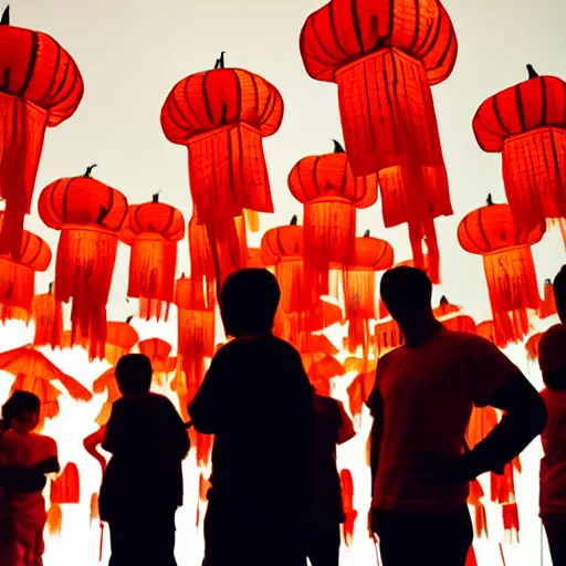 Prompt: a tiny night club with five red chinese lanterns, people's silhouettes close up, wearing white t - shirts that glow in the dark, minimalism, darkness