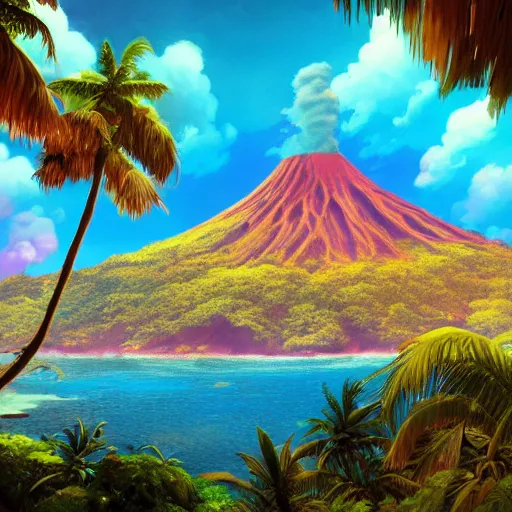 Prompt: A beautiful illustration of a breathtaking South Pacific island with many house-sized tikis, tropical flowers, and volcanos, by Beeple, Makoto Shinkai, Thomas Kinkade, unreal engine, cryengine, Artstation, wide angle landscape