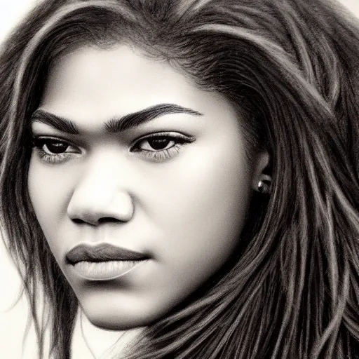 Prompt: a realistic close - up portrait of a zendaya, charcoal drawing, intricate, high definition, 4 k, trending