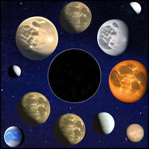 Image similar to a multilunar sky view with 2 0 different sizes and separate moons