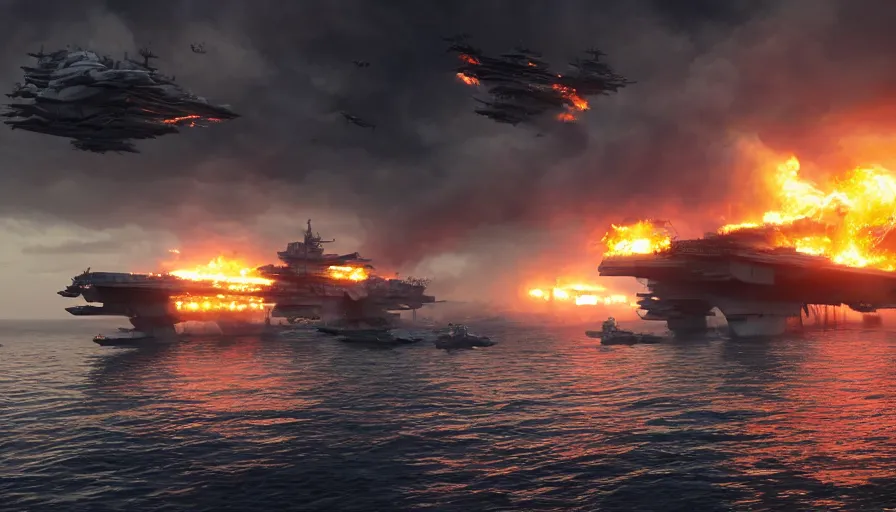 Image similar to burning sinking aircraft carrier with little boats trying to put out the fire at sunset, hyperdetailed, artstation, cgsociety, 8 k