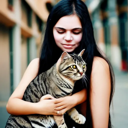 Image similar to a girl with long dark hair, big and shiny black eyes and her tabby cat, a stock photo by juan villafuerte and minerva j. chapman, pexels contest winner, high quality photo, rtx, hd, tumblr contest winner, anime, pretty, sensual