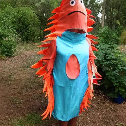 Image similar to a fish costume, outdoors, craigslist photo