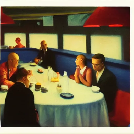 Image similar to a polaroid photo of people at a diner, Edward Hopper composition, detailed, hq, lens flare, realistic