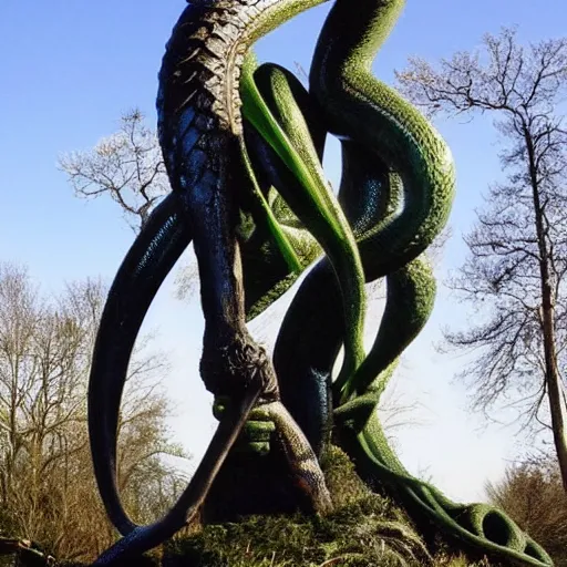 Prompt: A beautiful sculpture of a large, looming creature with a long, snake-like body. The creature has many large, sharp teeth, and its eyes glow a eerie green. It is wrapped around a large tree, which is bent and broken under the creature's weight. There is a small figure in the foreground, clutching a sword, which is dwarfed by the size of the creature. 2010s, intarsia inlay by Hayao Miyazaki, by Amy Sillman funereal
