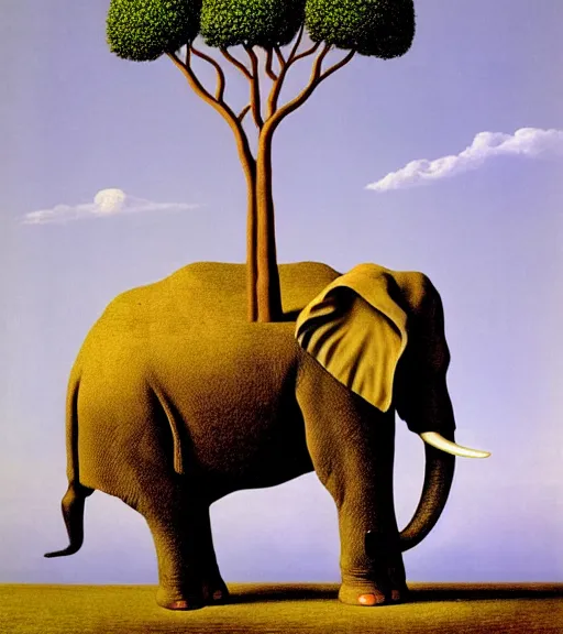 Prompt: is in an elephant or is it a tree? purpose driven life by salvadore magritte, extremely high detail, 8 k