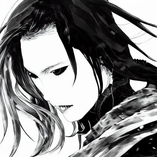 Image similar to yoji shinkawa blurred and dreamy illustration of an anime girl with wavy white hair and cracks on her face wearing elden ring armour with the cape fluttering in the wind, abstract black and white patterns on the background, noisy film grain effect, highly detailed, renaissance oil painting, weird portrait angle