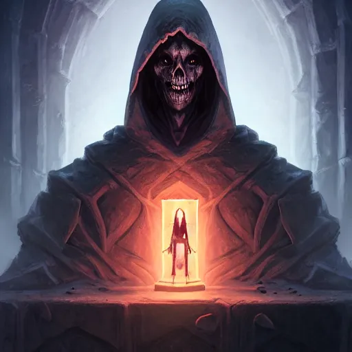 Image similar to necromancer sitting on a throne inside dungeon crypt, wearing a dark hood and completely blank mask, gray stone wall behind him by Stanley Artgerm Lau, WLOP, Rossdraws, James Jean, Andrei Riabovitchev, Marc Simonetti, and Sakimichan, Unreal Engine, 4k, trending on Artstation