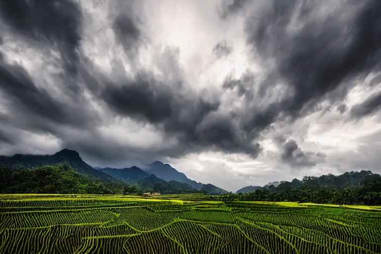 Image similar to a beautiful landscape photography of Gunung Jerai, Yan, Malaysia with a paddy field, dramatic sky, 500px, award winning, moody