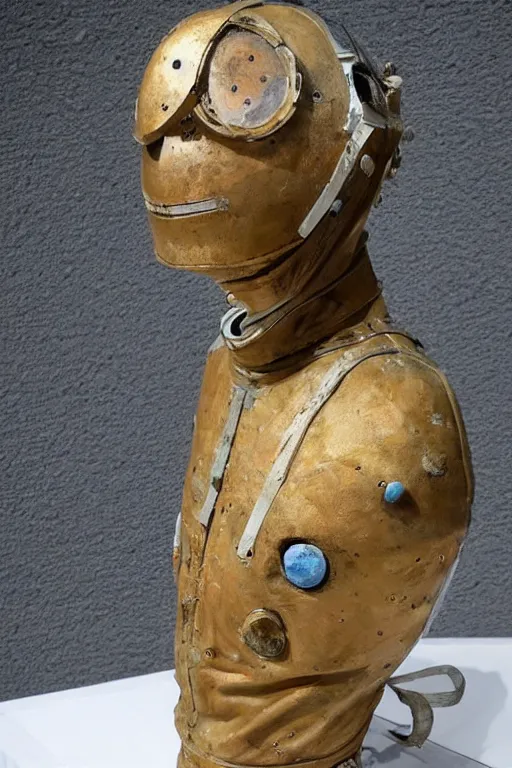 Image similar to a beautiful sculpture of a cosmonaut in space suit by christophe charbonnel, rust and plaster materials