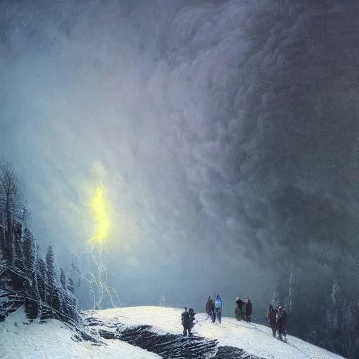 Image similar to a beautiful painting of group of climbers, extreme cold, storm, octane rendering, grim, dark, gloomy, cruel, volumetric lightning, hyperrealism, no blur, 4 k resolution, ultra detailed, style of john atkinson grimshaw, ivan shishkin, tyler edlin, scott listfield, eric zener