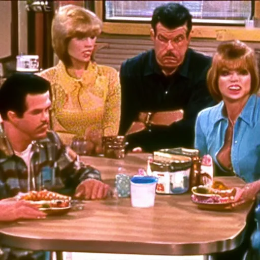 Image similar to screenshot of the sad family in Al's diner from 70s comedy TV show unhappy days