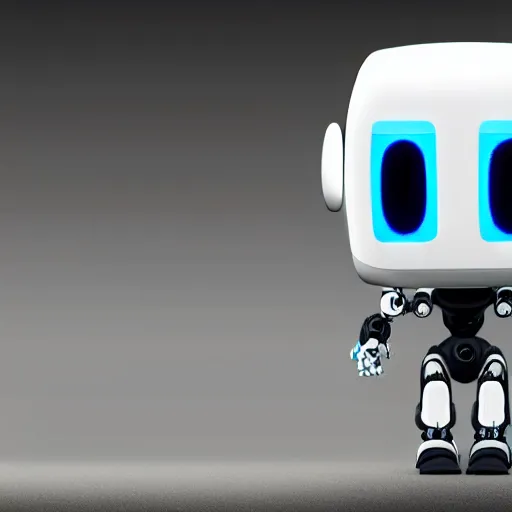 Prompt: [Robot(ian) { eyes(cute huge + luminous + glowing), view(full body + zoomed out), background(solid) }]