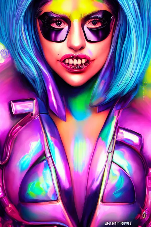 Prompt: beautiful portrait of lady gaga cyberpunk style painted by artgerm and lisa frank, trending on artstation, behance