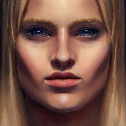 Prompt: a symmetrical portrait of a blonde woman with strong manly facial features, oil painting, pale colors, high detail, 8 k, wide angle, trending on artstation,