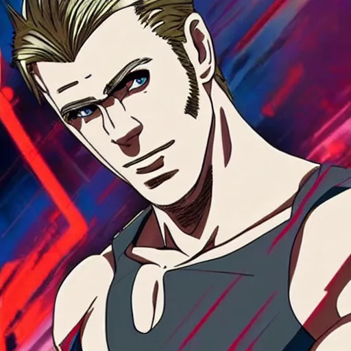 Image similar to still of chris hemsworth with a very muscular body type, anime art, anime style