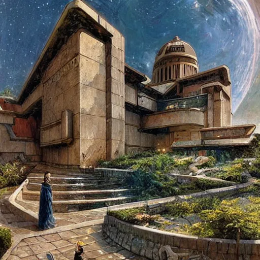 Image similar to STAR TREK house night time architecture designed in ancient Greece, (SFW) safe for work, photo realistic illustration by greg rutkowski, thomas kindkade, alphonse mucha, loish, norman rockwell