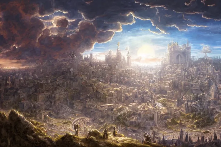 Prompt: a detailed matte landscape painting of king richard the lionhearted as a shonen anime protagonist attacking jerusalem, 8 k, volumetric lighting, in the style of disney, art by kentaro miura and akira toriyama