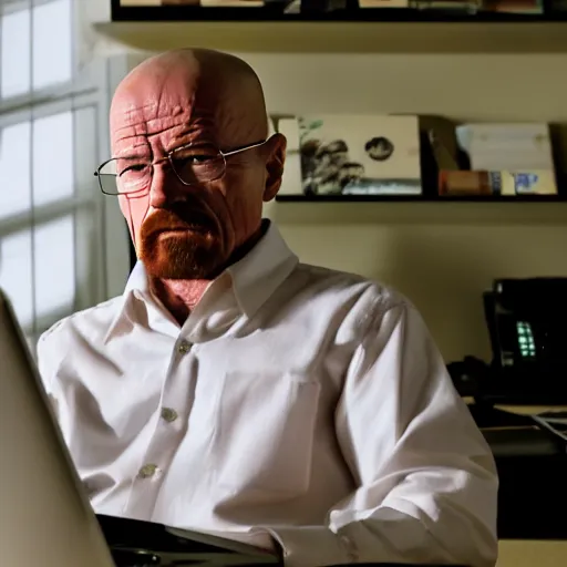 Prompt: walter white using a laptop, movie still, golden hour, dslr photography 3 5 mm