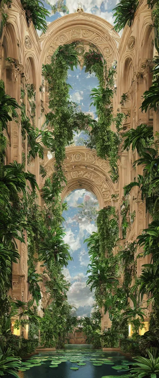 Image similar to beautiful cathedral interior with koi pond in the middle surrounded by palm trees, ivy, flowers, tropical plants, roses, and with archways, rendered in octane render with photorealistic volumetric lighting, cinematic,!! horizontal symmetry!!!, symmetrical, a flemish baroque by thomas cole, sanctuary, unsplash contest winner, maximalism, sanctuary