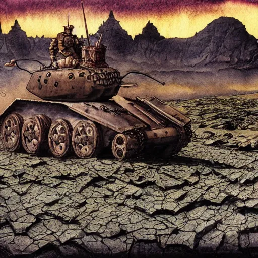 Prompt: watercolor crustacean panzer, tank treads macerated in cluster of shredded tire valley by richard corben, bernie wrightson, ian miller, & albrecht durer, fine art masterpiece, dystopian lighting, photorealistic render, cinematic,