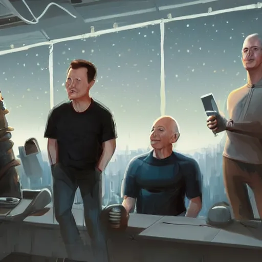 Image similar to elon musk, mark zuckerberg, jeff bezos, in meeting together, very detailed, art contest winner on behance, trendy on deviant art, by artgem, stanley lau, craig mullins