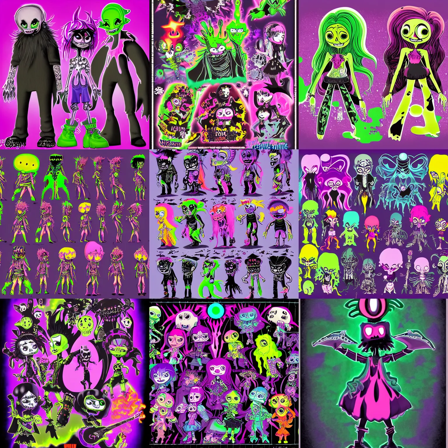 Prompt: CGI lisa frank gothic punk toxic glow in the dark bones vampiric rockstar vampire squid concept character designs of various shapes and sizes by genndy tartakovsky and the creators of fret nice at pieces interactive and splatoon by nintendo and the psychonauts by doublefines tim shafer artists for the new hotel transylvania film managed by pixar and overseen by Jamie Hewlett from gorillaz