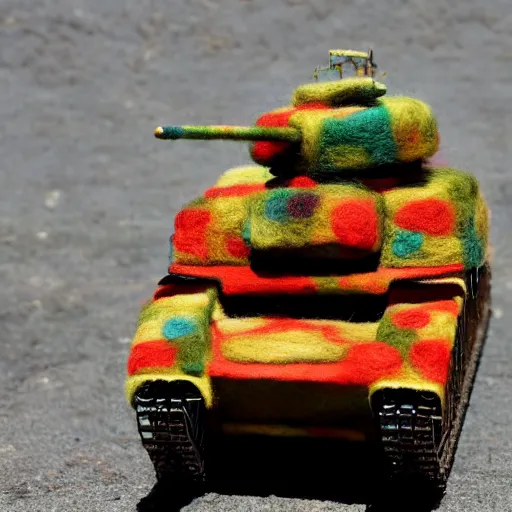 Prompt: needle felted tank man from tianenmen square protest, highly detailed, tilt shift, eerie, hyperrealism, highly textured, god rays