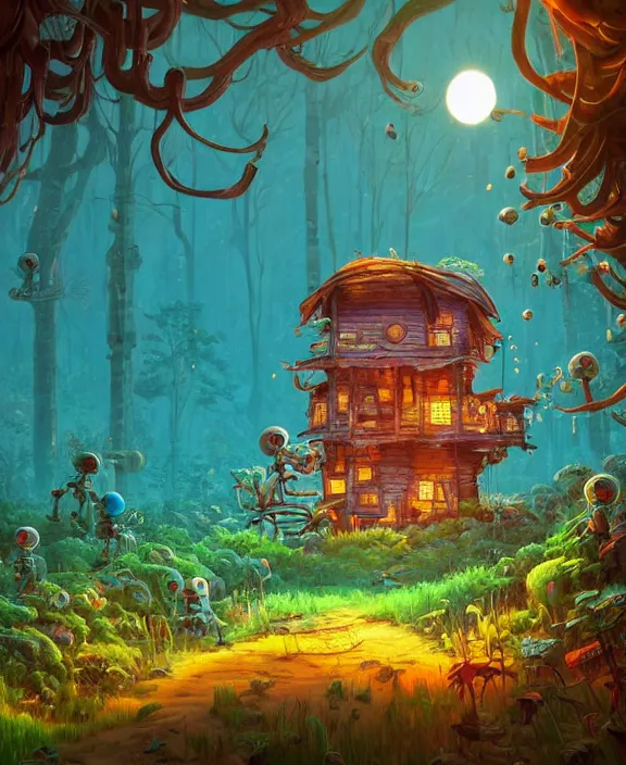 Image similar to a whimsical cabin made from robots, overgrown with huge exotic fungus, deep in the woods, cheerful, sunrise, by dan mumford, yusuke murata, makoto shinkai, ross tran, underwater, hellish, cinematic, unreal engine, cel shaded, featured on artstation, pixiv