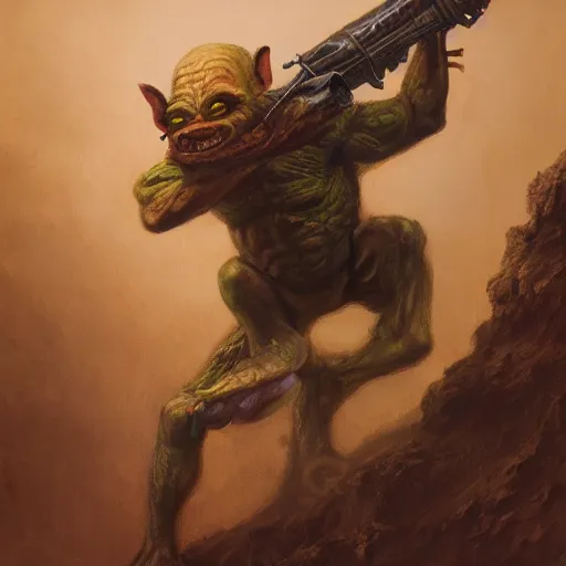 Prompt: beautiful realistic fantasy painting of a goblin wielding a pulpy fantasy gun, by pascal blanche and Frazetta and Beksinski, volumetric lighting, trending on art station, polarizer filter