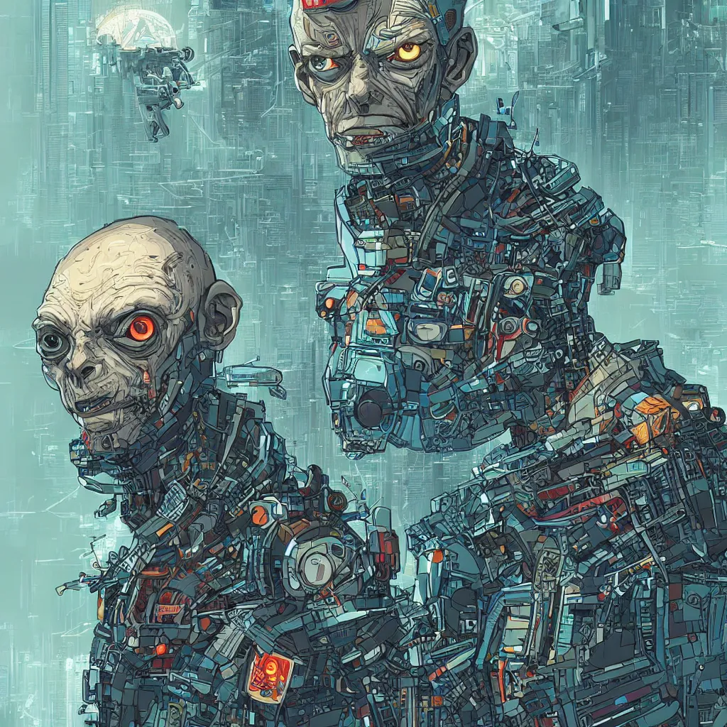 Image similar to concept art portrait of gollum as cyborg, netrunner cyberpunk, artstation, art by petros afshar, tom whalen, laurie greasley and greg rutkowski and ilya kuvshinov