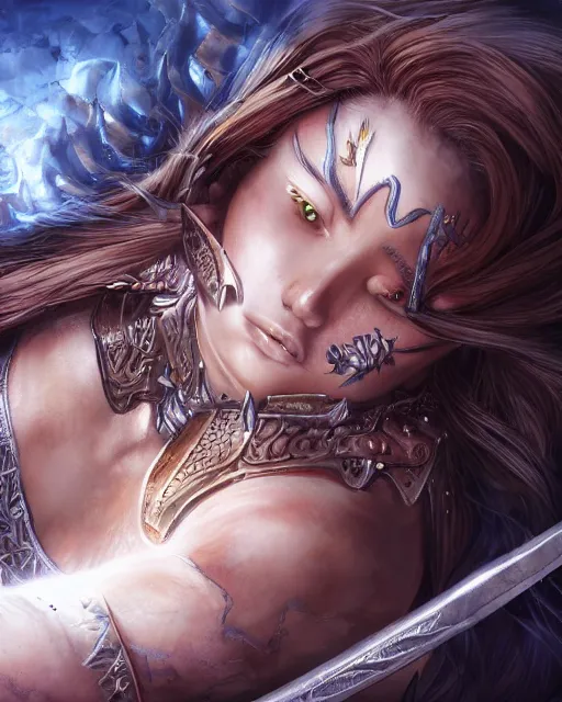 Image similar to A beautiful female warrior being killed by a witch, beautiful face, highly detailed face, close-up, fantasy art, female art, in the style of masami kurumada, illustration, epic, fantasy, intricate, hyper detailed, artstation, concept art, smooth, sharp focus, ray tracing