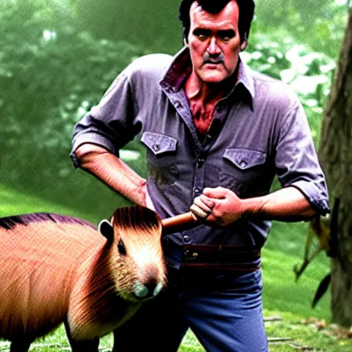 Prompt: Bruce Campbell as Ash from Evil Dead, with a capybara