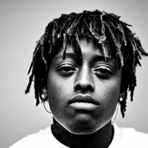 Image similar to the face of young juice wrld at 1 9 years old, black and white portrait by julia cameron, chiaroscuro lighting, shallow depth of field, 8 0 mm, f 1. 8