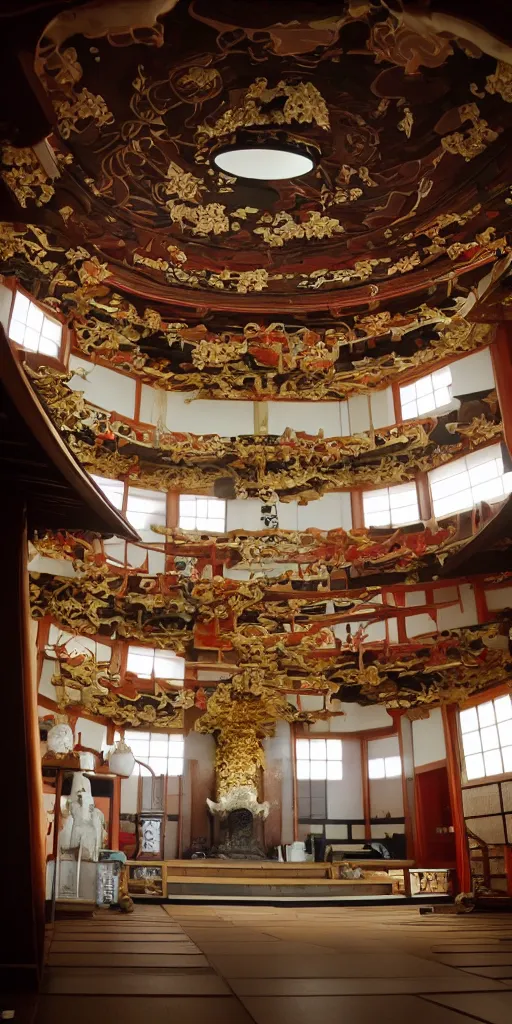 Prompt: interior of a Japanese temple on the moon, wide angle, dramatic light, Hayao Miyazaki, wide angle