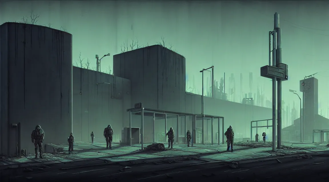 Prompt: post - apocalyptic police station, concrete building, paved roads, by simon stalenhag, by h. r giger, highly detailed photography, trending on artstation, hyperrealistic, human silhouettes, cyberpunk, environment artist, dystopian, science fiction, synthwave neon retro