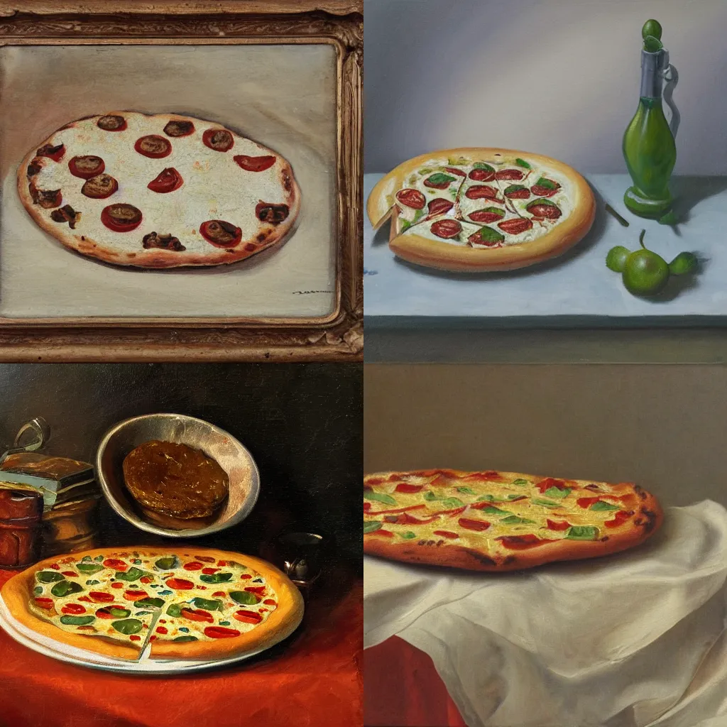 Image similar to Dutch still life of a Pizza Magaritha, oil painting