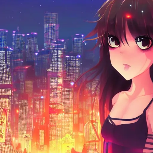 Image similar to Beautiful brunette anime girl with a gorgeous eyes gazing into the camera as the neon city behind her is on fire, award winning anime cartoon still, extremely detailed, extremely artistic, trending on art station