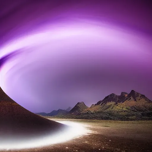 Image similar to amazing landscape photo of a purple tornado in the shape of a vortex by marc adamus, digital art, beautiful dramatic lighting